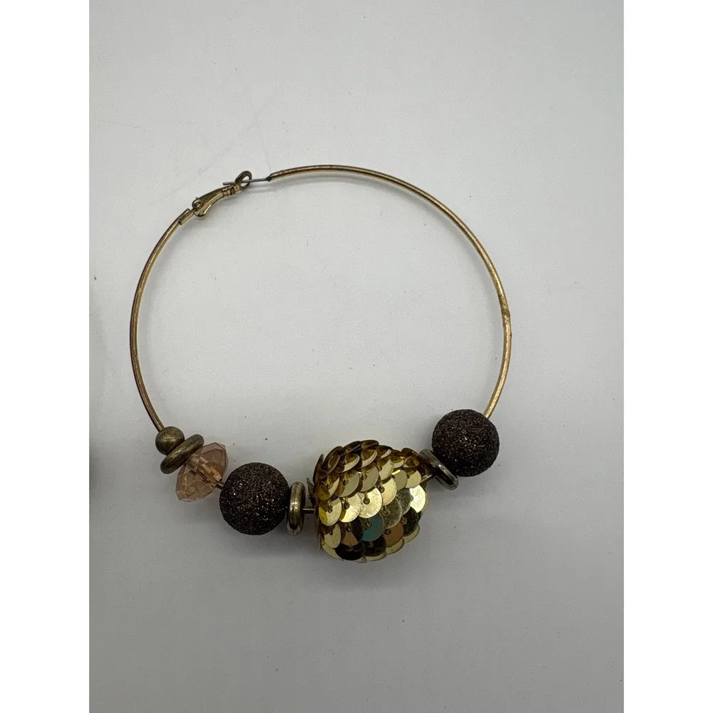 Gold Tone Large Beaded Hoop‎ Earrings Sequin Glitter Warm Accents J935